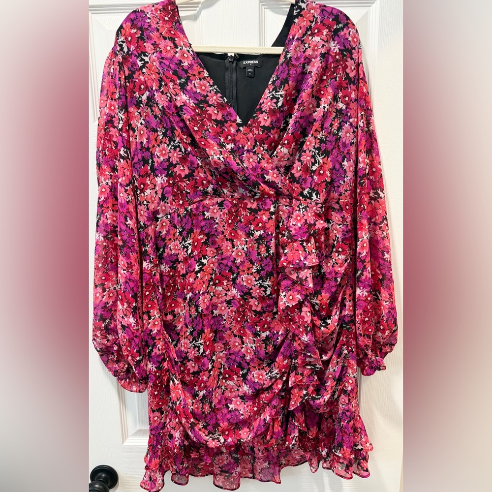 Express Pink Multi Floral Ruffle Surplice Blouse